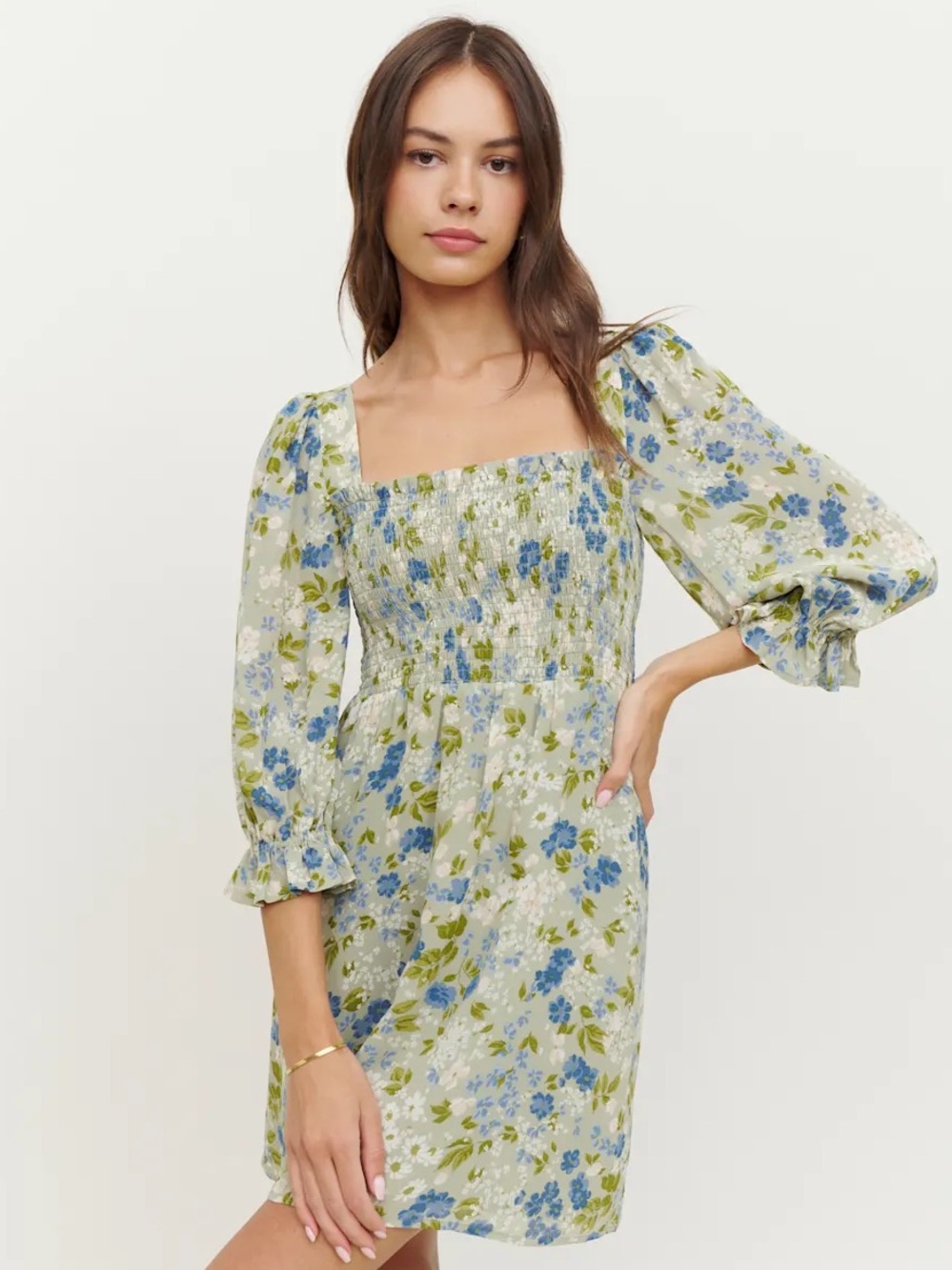 Reformation Zaria Floral Mini Dress in Blue and Olive Green M